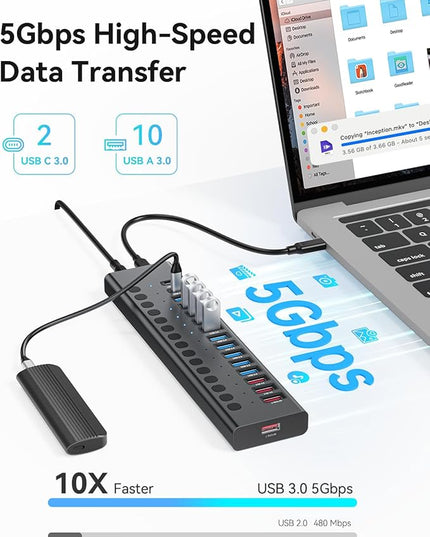 Powered USB 3.0 Hub, 16 Ports USB Hub Splitter(10 USB-A 3.0+2 QC 24W Fast Charging+2 Smart Charging+2 USB-C 3.0 Ports), 12V/8A 96W UL Certified Power Adapter for Laptop, Mac, PC, Computer