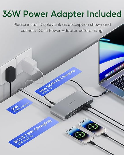 PULWTOP Displaylink Docking Station, Triple Display DisplayLink Dock for MacBook M1/M2/M3 Windows, 4K@60Hz Laptop Docking Station with 2 HDMI, 2 Display Port, PD, USB C Data, 4 USBA, Ethernet, Audio