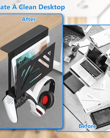 MAXECHO Desk Side Storage, Under Desk Laptop Mount, Table Side Hanging File Organizer, No Drill Clamp On Cable Management Tray, Laptop Holder with 2 Hooks for Office and Home, Load 22 Lbs