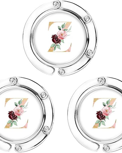 Iqimott 3pcs Personalized Initial Foldable Purse Hook for Table, Flower Letter Folding Handbag Hanger Portable Magnet Table Hook Holder, Collection Desk Purse Hooks for Women Bag (Pink-Z)