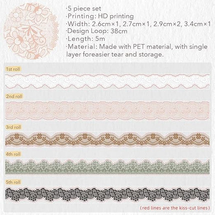 WT Baroque Lace PET Tape Sticker Set, Tape for Scrapbooking, Planners, Junk Journal or Bible Study, Colorful Artist Decorative Craft Tape, Cute Artist Tape (5 Rolls, Each 16.4FT)