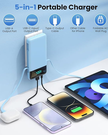 Portable Charger for iPhone with Built in Cables and Wall Plug,Upgraded 13800mAh Fast Charging USB C Power Bank,4 Outputs Travel Essential Battery Pack Compatible with iPhone 17/16/15/14,-Light Blue