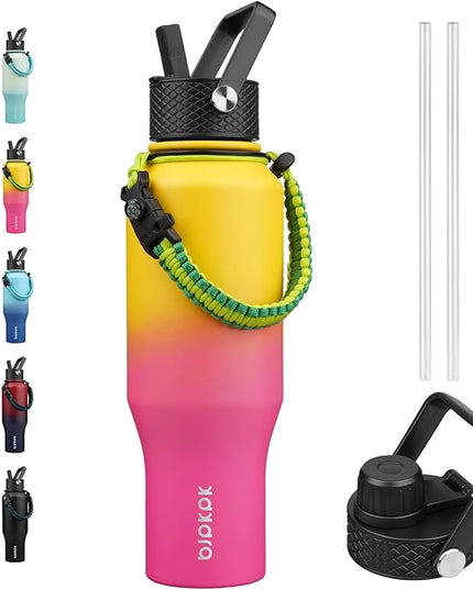 BJPKPK Insulated Water Bottles with Straw Lid, 35oz Metal Water Bottle with 2 lids & Paracord Strap, Double Wall Stainless Steel Vacuum Tumblers, Cups, Thermo for Hot& Cold Drinks, Pink & Yellow Rose