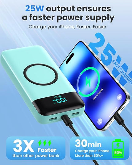 Wireless Portable Charger 40800mAh with 3 Built-in Cables,7-in-1 15W Wireless Charging Power Bank,25W PD QC 4.0 Fast Charging USB C LCD Display Battery Pack for iPhone 16/15/13,Samsung,Android-Green