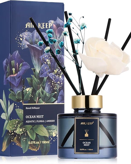 Airkeep Flower Reed Diffusers Set, 5.07 oz Ocean Mist Scented Oil Diffuser with 8 Reed Sticks, Home Fragrance Diffuser Gift Set for Bathroom & Office Decor 150ml