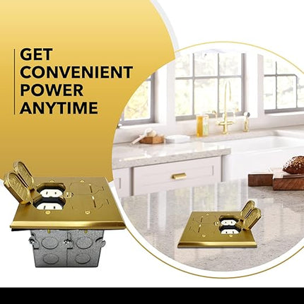 SLFB-2G-TR20-BR 20A Receptacle Outlets, Tamper Resistant Electrical Floor Box with Flip Lid and Brass Cover, Retractable Recessed Socket for Kitchen, Countertops & Floors