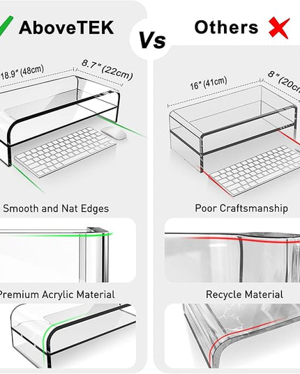 AboveTEK 2-Tier Acrylic Monitor Stand, Computer Riser for Home Office, Clear Monitor Riser for Keyboard Storage, 18.9" x 8.7" Multi Monitor Desk Stand for iMac Multi-Media Laptop Printer TV