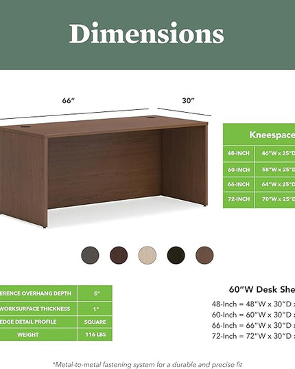 HON MOD Executive Desk 66-Inch Large Computer Desk Shell, Thick Wooden Laminate, Modern Table with Cord Management, 66" W x 30" D x 29" H, Walnut