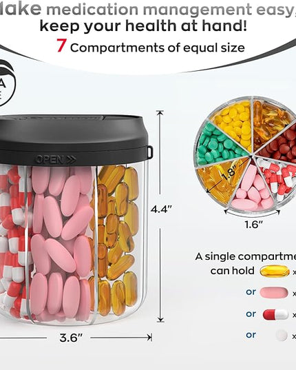 Pill Dispenser with 7 Large Compartments, Pill Organizer for Travel, Supplement Organizer with Anti-Mixing Design, BPA-Free Pill Container with 20 Pcs Labels, Purple+Black