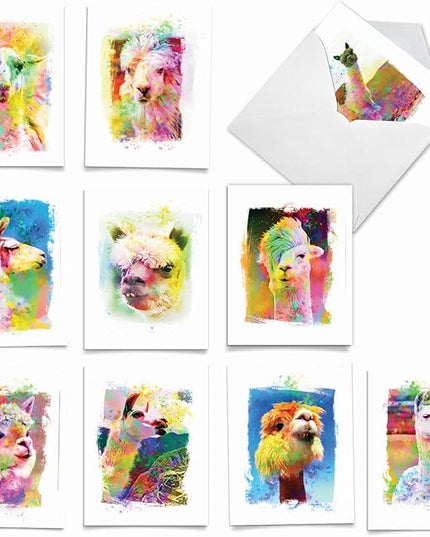 The Best Card Company Assorted Animal Watercolor Blank Greeting Card Box Set - Incl. 10 Unique Notecards Designs + Envelopes for Thank You, Invitations - Funky Rainbow Llamas AM6862OCB-B1x10