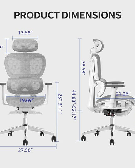 PatioMage Ergonomic Office Chair, Big and Tall Desk Chair with Adjustable Lumbar Support & Seat Depth, High Back Computer Chair, Swivel Mesh Chairs with Wheels for Home Office, White