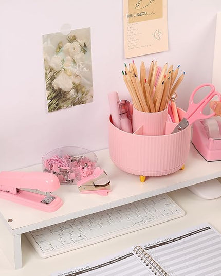 SKYDUE Pink Office Supplies Set, Pencil Holder for Desk,Gel Pen, Stapler, Tape Dispenser, Scissors,Clips and 1000pcs Staples, Office Decor for Women, Pink Desk Accessories