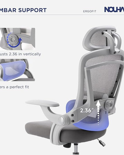 Nouhaus Ergo Fit Ergonomic Mesh Office Chair High Back Adjustable Lumbar Support Headrest and Adjustable Flip-up Armrests, Comfy Desk Chairs Swivel Computer Gaming Chair Tilt Function(N20, Grey)