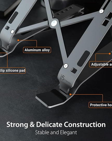 j5create Portable Aluminum Laptop Stand with USB 4-Port Hub, Foldable and Adjustable Notebook Riser with 4 USB-A Ports for MacBook, Laptop, and Tablet up to 16" (JTS223)
