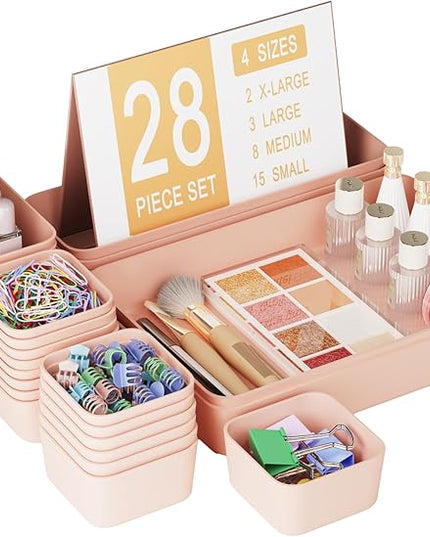 Plastic Drawer Organizers, 28 PCS Drawer Organizer Bins, Bathroom and Vanity Organizer Plastic Tray, Makeup organizer and storage for Makeup, Bedroom, Kitchen Gadgets Utensils and Office