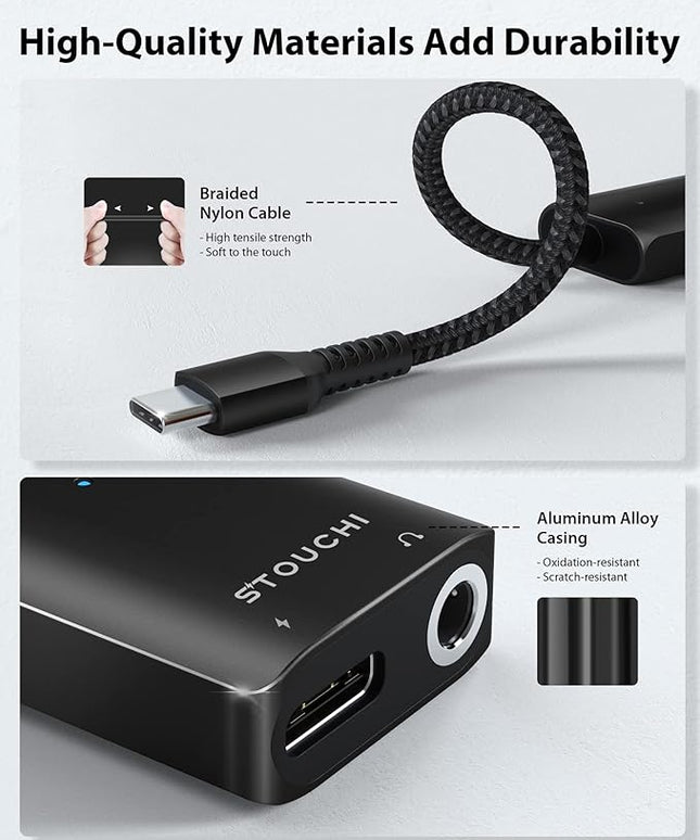 Stouchi USB C to 3.5mm Headphone and Charger Adapter, 2 in 1 USB-C to Aux Audio Jack with 30W Safe Fast Charging Hi-res DAC for iPhone 17/16 /15, Pixel 9/8 /7/6, iPad,Galaxy S25 S24 S23 Ultra (Black)