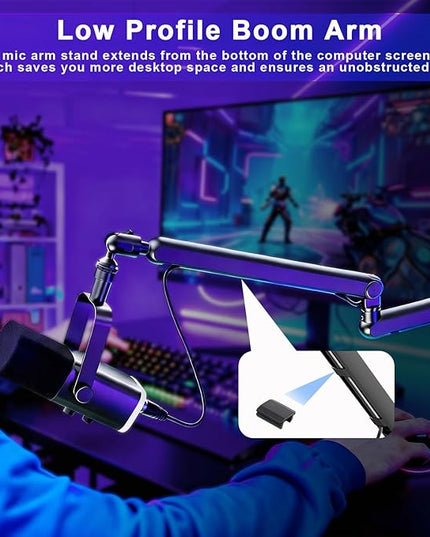 Microphone Boom Arm - Heavy Duty Low Profile Metal Mic Arm Stand with Desk Clamp & Cable Management, 360° Rotatable, Fits Shure SM7B/MV7, Blue Yeti, Fifine AM8, AT2020 for Podcasting & Gaming