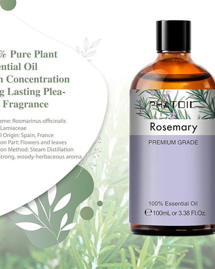 PHATOIL 3.38FL.OZ Rosemary Essential Oil, for Aromatherapy Diffusers, Humidifiers, Great for DIY Candle and Soap Making, Huge 100ML Bottle