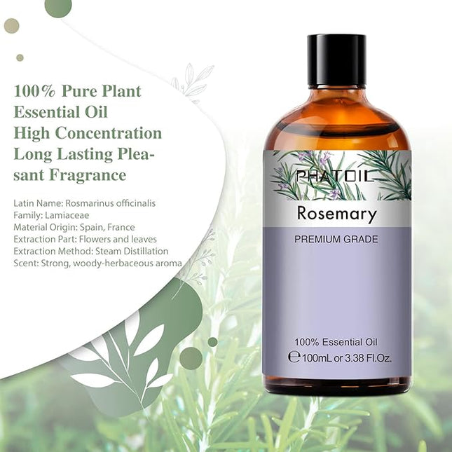 PHATOIL 3.38FL.OZ Rosemary Essential Oil, for Aromatherapy Diffusers, Humidifiers, Great for DIY Candle and Soap Making, Huge 100ML Bottle