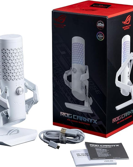 ASUS ROG Carnyx USB Gaming Microphone (25mm Condenser Capsule, 192kHz/24-bit, Cardioid, high-Pass Filter, Built-in pop Filter, Metal Shock Mount, one-Touch Mute, Aura Sync RGB)- Moonlight White