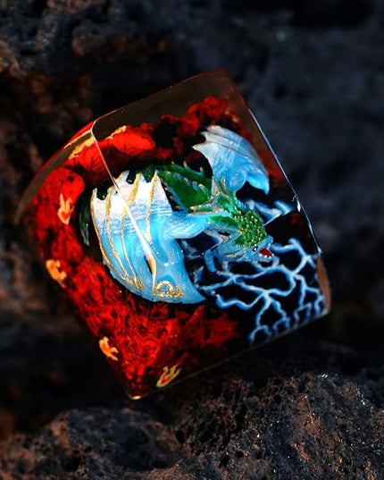 Blue Dragon with Volcano Artisan Keycap R1 SA Profile Custom Fantasy Dragon Keycaps 1U ESC Handmade Gaming Resin Key Cap Cherry MX Switch Compatible Mechanical Keyboard Dragon Lover Gift