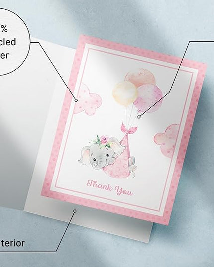 Twigs Baby Shower Thank You Cards with Envelopes - 12 Set Baby Shower Cards for Girl, New Baby Congratulations Cards, Welcome Baby Card, Made in the USA - Pink Elephant Designs, 5.5 x 4.25 Inch Size