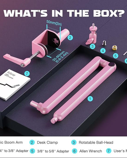 FIFINE Low Profile Boom Arm Mic Stand, Microphone Stand with Cable Management Channel, Desk Clamp, Screw Adapter for Streaming Podcast Recording, Adjustable Metal Mic Boom Arm Pink-BM88P