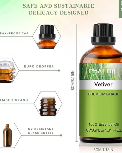 Vetiver Essential Oil, 1.01Fl.Oz (30ML) PHATOIL Pure Essential Oil Singles for Aromatherapy Diffusers, Humidifiers, Great for DIY Candle and Soap Making, Gift for Friend