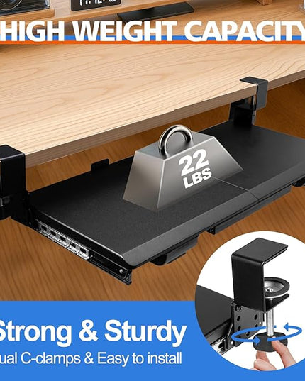 Large Height Adjustable Keyboard Tray with Sturdy C-Clamp Mount and Storage Drawer, 27"(31" Including Clamps) x 12" Slide Out Ergonomic Keyboard Trays for Home and Office, Black