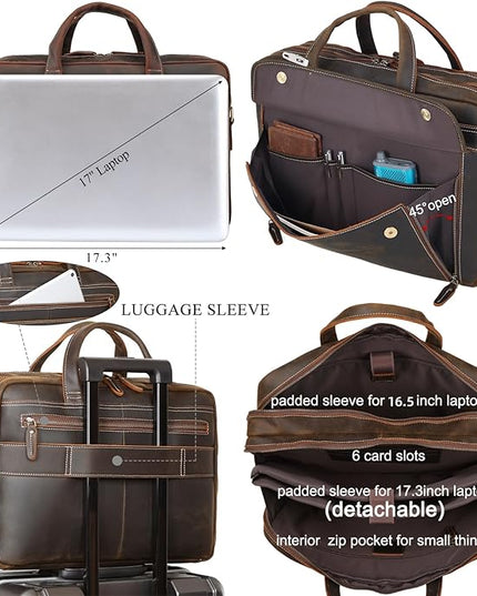 Masa Kawa Leather Briefcase for Men 15.6", 17" Laptop Computer Case Business Travel Work Messenger Cross Body Shoulder Bag