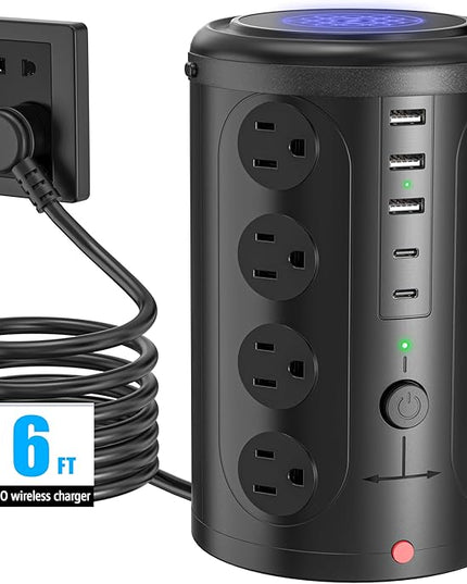 Tower Power Strip Surge Protector with 16 Outlets and 5 USB Ports (2 USB-C), 6FT Extension Cord with Multiple Outlets,Heavy Duty Charging Station,Home Office Dorm Room Essentials. No Wireless Charging