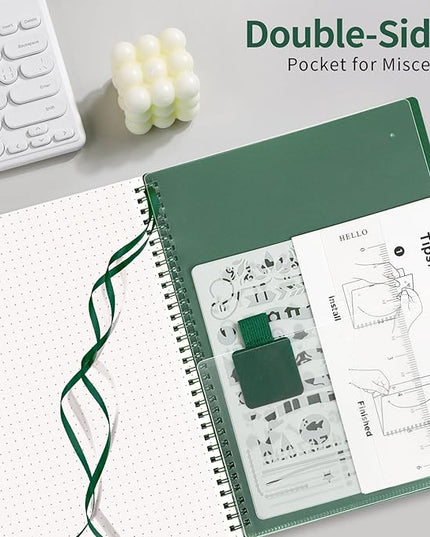 AHGXG Bullet Dotted Journal - Dot Grid Spiral Notebook 8.5" x 11", A4 Large Dotted Notebook, 100 GSM Thick Paper, Waterproof Plastic Cover Journals for Bullet Journaling, Sketching, Green