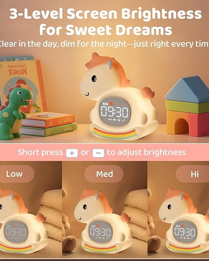 Alarm Clock with Night Light for Kids with Sleep Training and Sound Machine, Rechargeable Silicone Lamp OK to Wake Clock，Cute Animal Tabletop Lamp, Perfect Sleep Companion for Boys Girls,Pink Pony