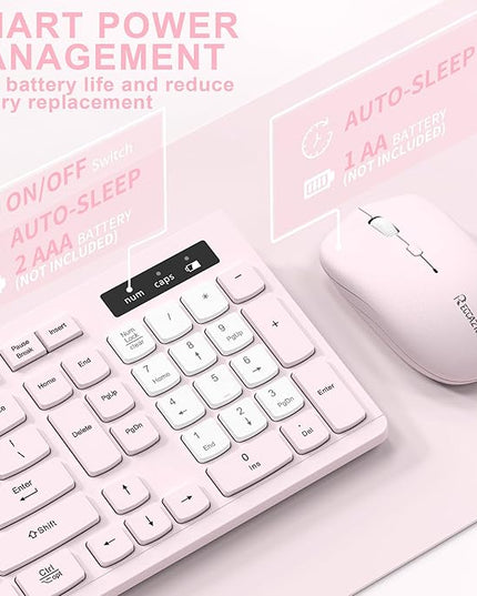 Wireless Keyboard and Mouse Combo, Full-Sized Quiet Wireless Keyboard and Adjustable DPI Mouse, 2.4GHz USB Receiver, Keyboard and Mouse for PC, Windows, Desktop, Laptop (Pink and White-B)