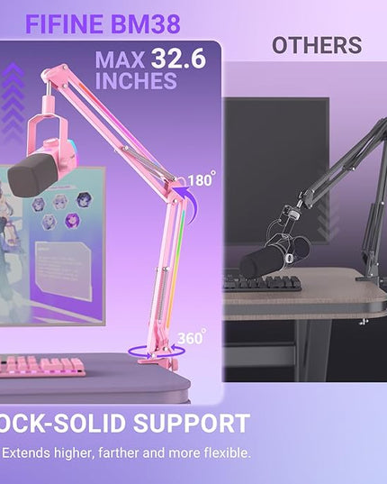FIFINE Microphone Boom Arm, Metal Adjustable Mic Arm Stand with RGB Button, 3/8” to 5/8” Screw Adapter, Desk Mount Clamp, Suspension Scissor Mic Stand for Gaming Streaming Podcast-AmpliGame BM38P