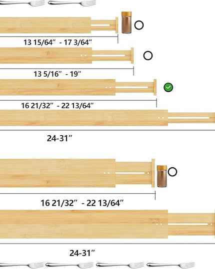 BAMEOS Drawer Dividers kitchen Organization Bamboo Utensil Organizers for Kitchen Bedroom Bathroom Dresser Office 4-pack