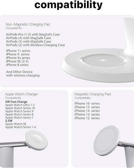 3 in 1 Wireless Charging Station for Apple Device: Fast Charging Station for iPhone and Watch with MagSafe, Stable Charger Stand for iPhone 12-16 & iWatch & AirPods