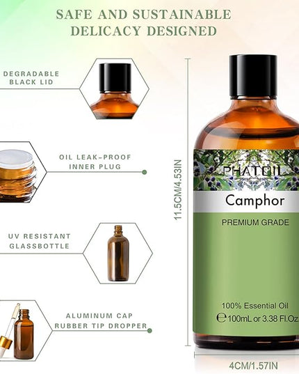 Camphor 3.38fl.oz Essential Oil, PHATOIL Aromatherapy Essential Oils for Diffuser, Humidifier, Perfect for DIY Soap, Candle, Bath Bombs Making(100ml)