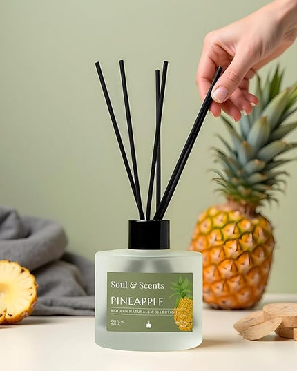 Soul & Scents Reed Diffuser Set – Pineapple | 7.43 oz Refillable Scented Oil with 6 Fiber Sticks | Long-Lasting Home Fragrance & Air Freshener for Bedroom, Bathroom, Office | Gift & Décor Piece