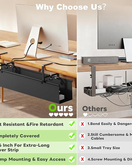 Dayacoo No Drill Under Desk Cable Management Tray, 36" Clamp/Screw Mount Cord Organizer for Desk, Fabric Cable Management Tray for Storage and Hide Cords, Cable Organizer for Office Home, Black