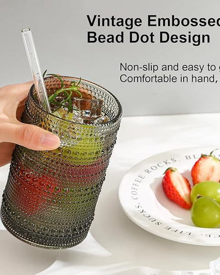Vintage Hobnail Drinking Glasses Set of 12, 15oz Textured Tumblers - Embossed Grey Bar Glasses for Cocktails, Beer, Whiskey, Dishwasher-Safe Highball Cups for Kitchen, Juice & Mixed Drinks
