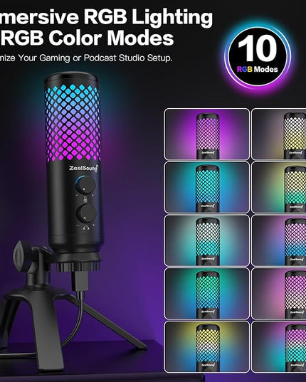 ZealSound Podcast Microphone for PC/Mac/iPhone/Phone – 96kHz/24bit USB Condenser Mic with Noise Reduction, Tap-to-Mute, Gain Control, Zero-Latency Monitor, RGB Light for Streaming, Gaming, Recording