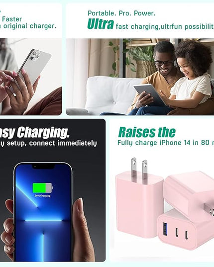 35W USB C Charger Block [3-Pack] Apple iPhone 17 Wall Plug Fast Charging Block, 3-Port PD+QC Power Adapter Multiport Brick Type C Charger for iPhone 17/Air/16/16 Pro/15/15 Pro/Pro Max/Plus/14/13/12