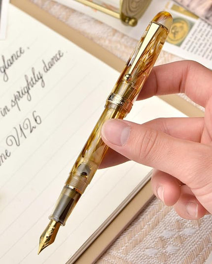 Asvine V126 Vacuum Filling Fountain Pen Brown Swirl Transparent Acrylic, Medium Nib Large-Capacity with Gift Case