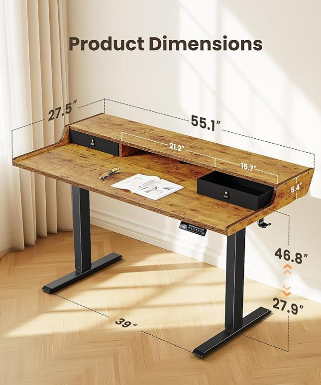ErGear Electric Standing Desk with Drawers, 55″ x 28″ Gaming Table Compatible Monitor Stand, Stand up Desks, Home Office Height-Adjustable Desk with Storage Shelf, 4 Preset Heights, Vintage Brown