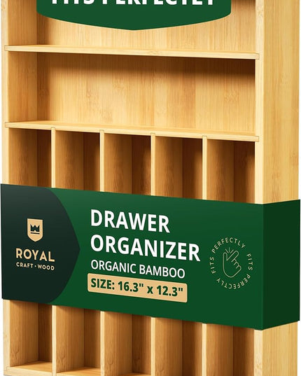 ROYAL CRAFT WOOD Luxury Bamboo Utensil Rack and Silverware Organizer, Kitchen Drawer Organizer - Utensil Holder and Cutlery Tray with Grooved Drawer Dividers for Flatware 7 Slot, Natural