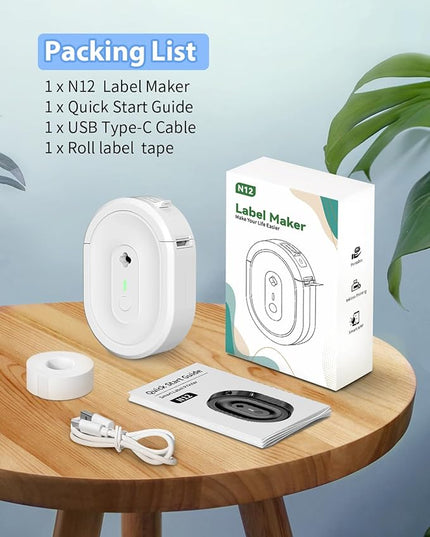 Label Maker Machine with Tape, N12 Portable Bluetooth Label Printer, Wireless Mini Label Makers Thermal Sticker with Multiple Templates for Home, Kitchen, School, Office Organization, White