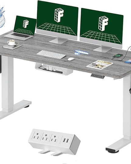 FLEXISPOT EN2 Whole-Piece Standing Desk with Clamp Power Strip, 60 x 24 Electric Stand Up Height Adjustable Desk with Cable Management (White Frame + 60" Gray Wood Grain Desktop, 2 Packages)