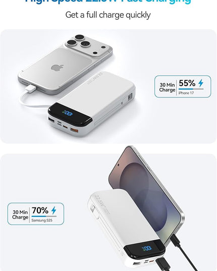 Portable Charger Power Bank 32000mAh with Built in Cables, PD3.0 USB C Fast Phone Charger, 5 Outputs LCD Display Travel Battery Pack Compatible with iPhone, Samsung All Cell Phones (White)