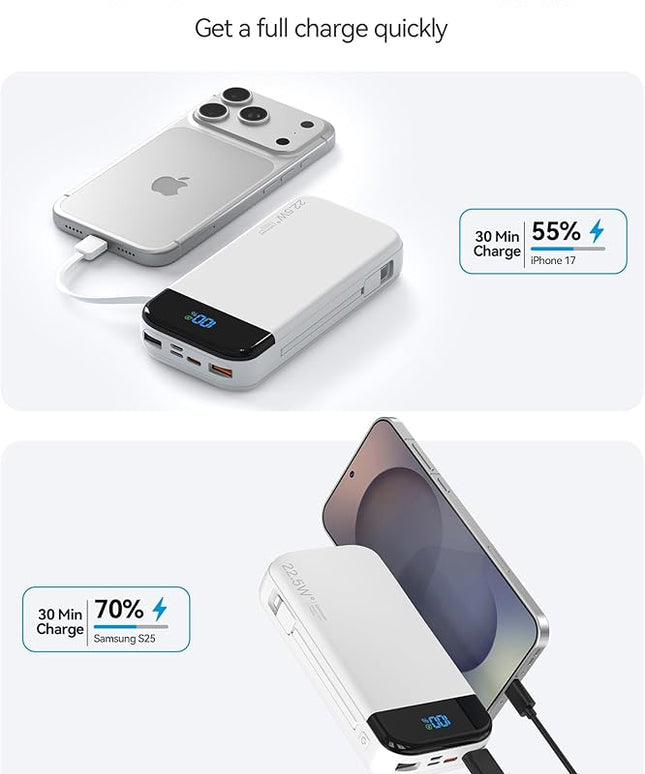 Portable Charger Power Bank 32000mAh with Built in Cables, PD3.0 USB C Fast Phone Charger, 5 Outputs LCD Display Travel Battery Pack Compatible with iPhone, Samsung All Cell Phones (White)